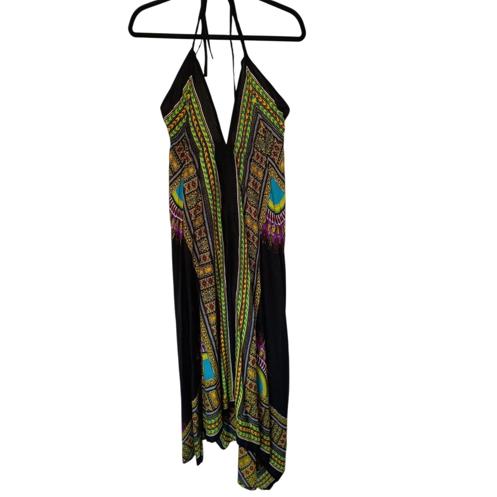 Womens Dashiki Print Halter Maxi Dress Black Multi Handkerchief Hem Boho Dress